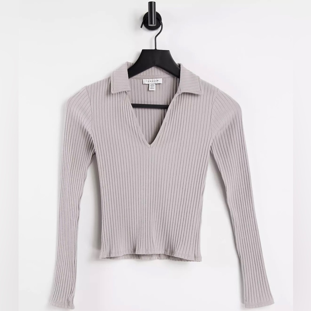 Top-shop long sleeve rib collar top in stone, SIZE: 4